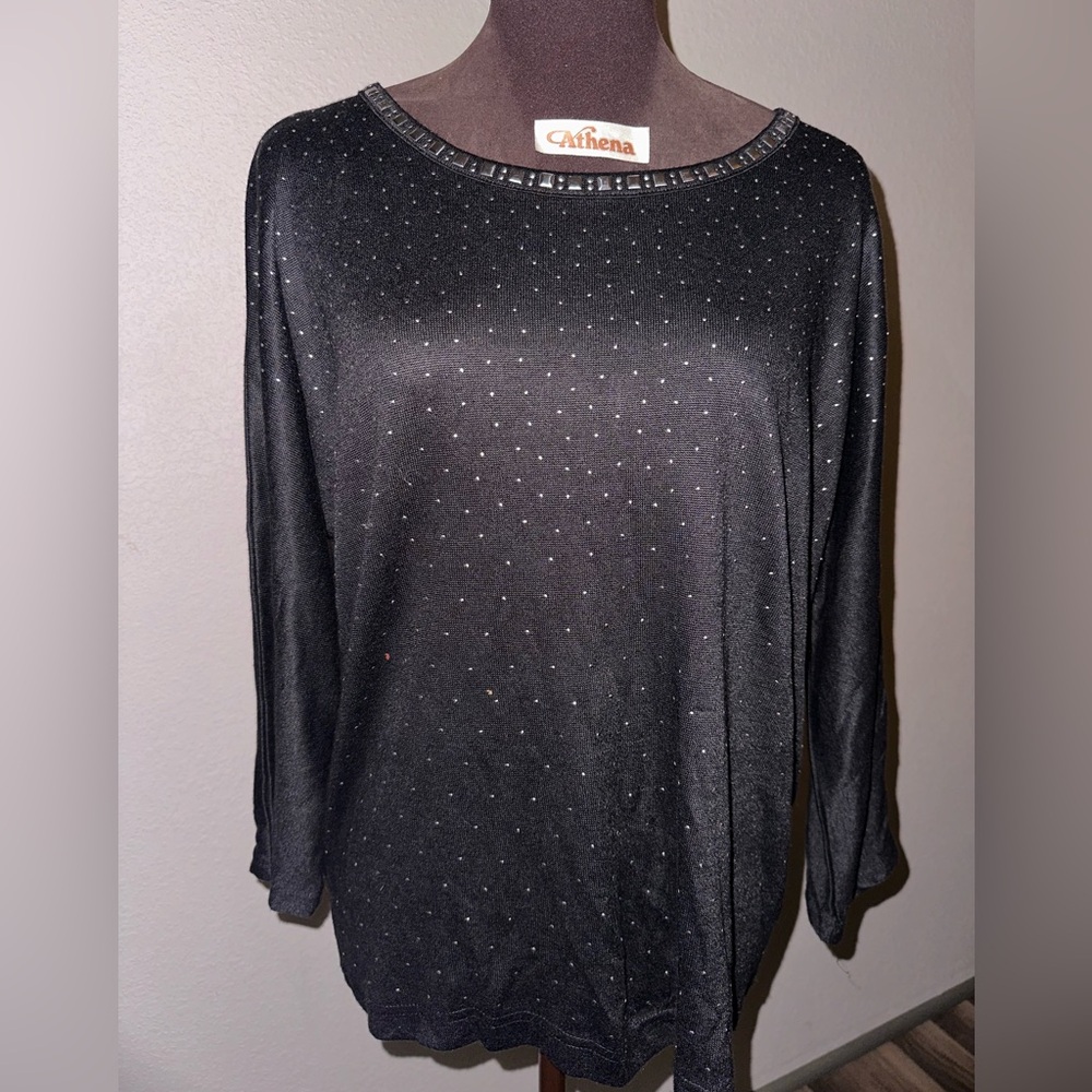 Black Long-Sleeve Rhinestone Boatneck Top